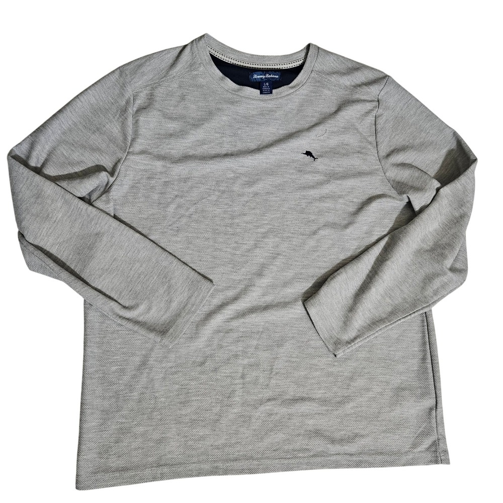 Tommy Bahama Mens Large Gray Waffle Knit Long Sleeve Marlin Logo Crew Neck Shirt